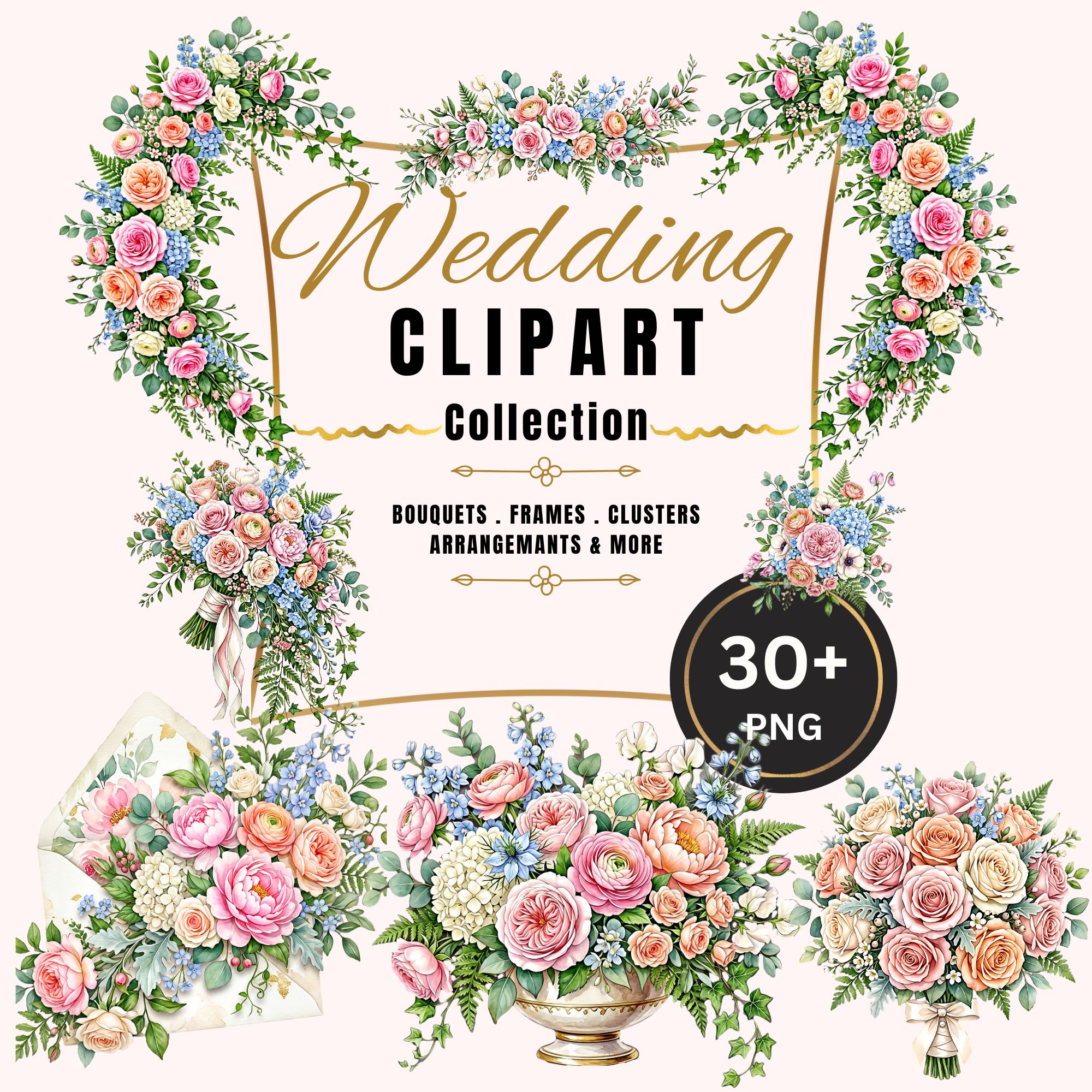 Watercolor Wedding Floral Clipart Set, Blush Pink Blue Flowers PNG ...