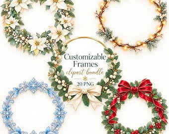 Clipartbundel met ornamentframes (20 PNG's), kerstkransframe, bewerkbare feestelijke randen, trouwframes, menudecoratie, aanpasbare PNG