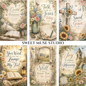 May include: A set of six decorative wall art prints featuring floral motifs, butterflies, and religious text including Created with Purpose, Talk to Jesus Today, Saved by Grace, Your Word is a Lamp, Be Still and Know, and Joy Comes in the Morning.