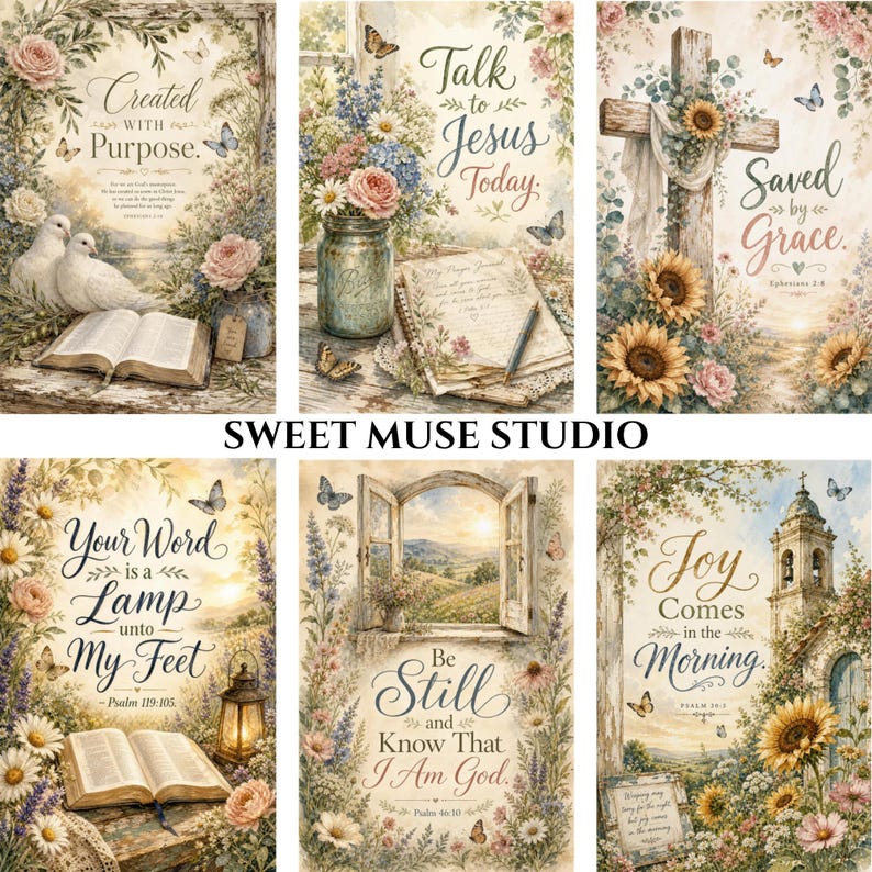 May include: A set of six decorative wall art prints featuring floral motifs, butterflies, and religious text including Created with Purpose, Talk to Jesus Today, Saved by Grace, Your Word is a Lamp, Be Still and Know, and Joy Comes in the Morning.