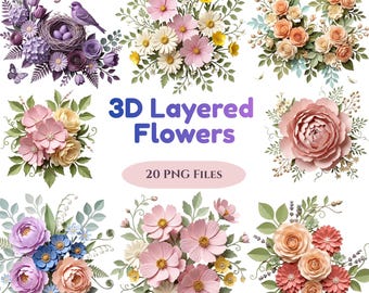 Bundel met 3D gelaagde bloemenclipart, 20 PNG-afbeeldingen van bloemenboeketten, papieren rozen en madeliefjes voor knutselprojecten, dagboeken en sublimatie.