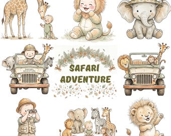 Schattige safaridieren, aquarel clipart, Jungle Zoo png, baby jungle png, kinderkamerset (digitale download - 47 png's)
