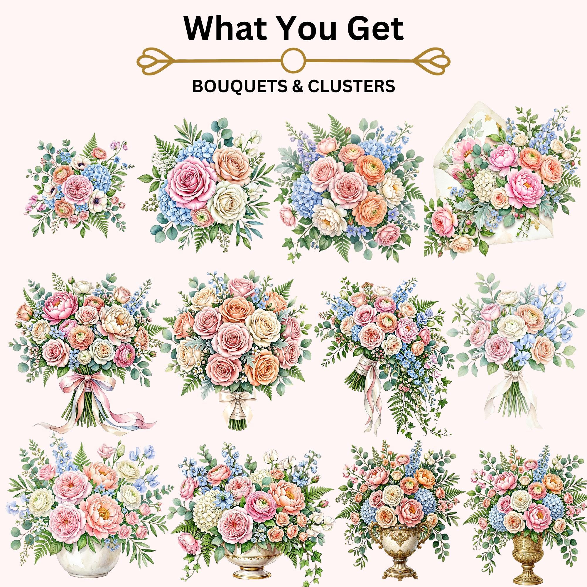 Watercolor Wedding Floral Clipart Set, Blush Pink Blue Flowers PNG ...