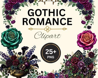 Gotische romantische bloemen clipartset, donkere bruiloft bloemen, vintage boeketten, lijsten, bogen, humeurige botanische graphics (25+ png)