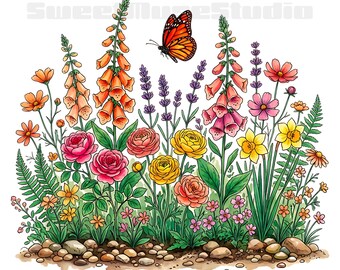 18 aquarel bloem bed clipart met vlinders libellen en kevers, levendige bloemen dieren png, lentetuin clip art set