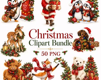 Bundel met meer dan 50 PNG-afbeeldingen van de Kerstman, rendieren, Schotse hooglandkoeien en honden, aquarel vakantieclipart, feestelijke sublimatieontwerpen, digitale download