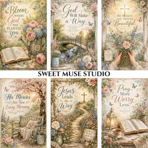 May include: A collection of six rectangular wall art prints featuring floral arrangements, butterflies, and religious text. Each print displays a unique scene including a watering can, a wooden bridge, a bouquet, a bench, a path, and a lantern.