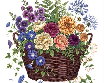 18 geweven mand bloemen clipart, kleurrijke bloemen clipart, afdrukbare aquarel clipart, bloemen print, hoge kwaliteit png's, digitale download