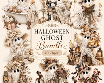 Halloween Shabby Chic spook clipart bundel, Cottagecore herfst PNG, vintage spook clipart, herfst junk journal digitale download