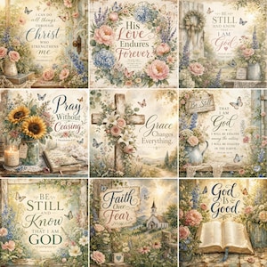 May include: A collage of nine religious-themed art prints featuring floral arrangements, butterflies, and inspirational text such as I Can Do All Things Through Christ, His Love Endures Forever, Be Still and Know That I Am God, and Faith Over Fear.