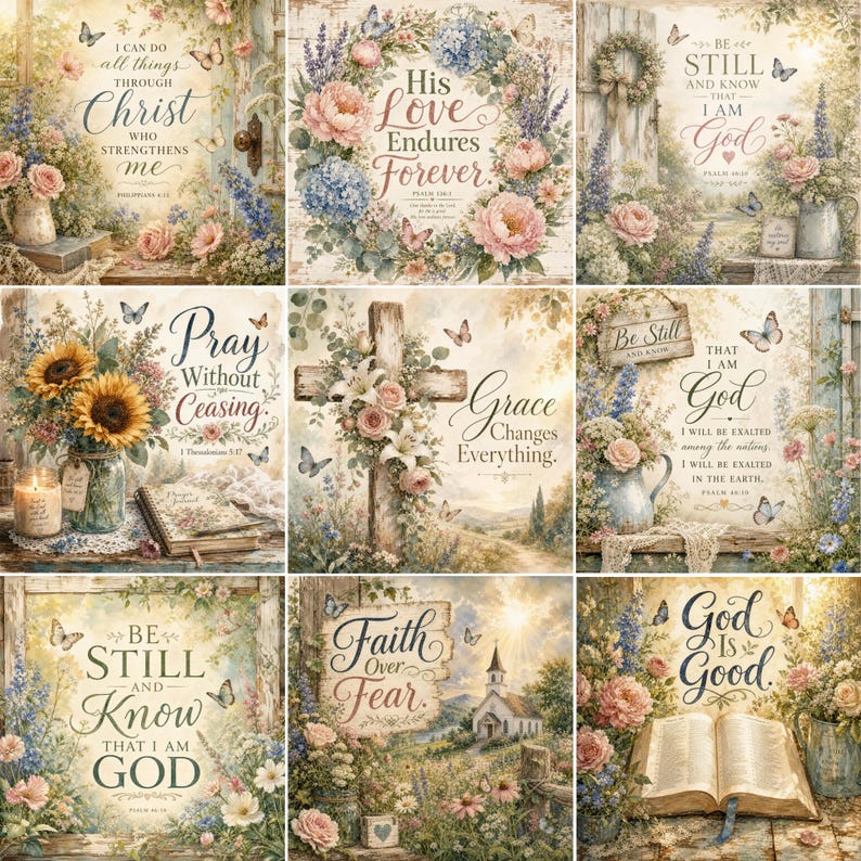 May include: A collage of nine religious-themed art prints featuring floral arrangements, butterflies, and inspirational text such as I Can Do All Things Through Christ, His Love Endures Forever, Be Still and Know That I Am God, and Faith Over Fear.