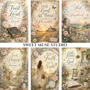 May include: A set of six decorative wall art prints featuring floral borders, butterflies, and religious text including Trust in the Lord, With God All Things Are Possible, The Lord Is My Shepherd, Seek Peace, Walk by Faith, and Home Is Where God Dwells.
