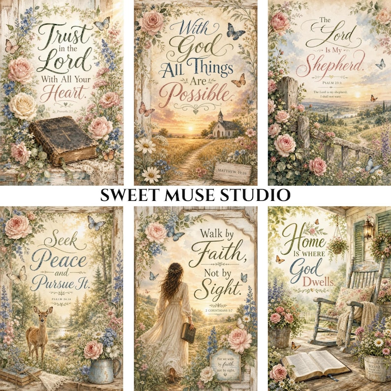 May include: A set of six decorative wall art prints featuring floral borders, butterflies, and religious text including Trust in the Lord, With God All Things Are Possible, The Lord Is My Shepherd, Seek Peace, Walk by Faith, and Home Is Where God Dwells.