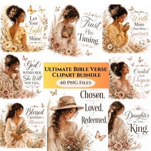 Op de afbeelding: Een digitale collectie van 40 PNG-bestanden met illustraties van personen in neutrale kleding, omringd door bloemstukken, vlinders en inspirerende teksten zoals Let Your Light Shine, Trust His Timing en Daughter of the King.