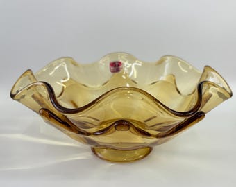Viking Glass Amber Ruffled Footed Compote Bowl MCM Art Glass