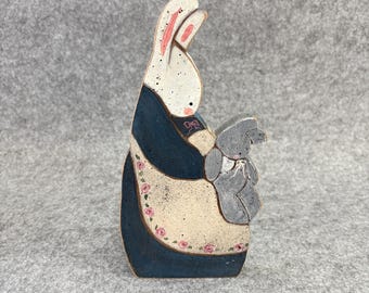 Vintage Hand Painted Wood Bunny Cutout Country Folk Art 1980s