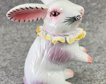 Vintage Ceramic Rabbit Figurine, Ruffled Collar, Pink Lavender, MCM Bunny Decor