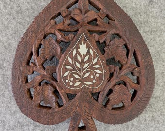 Vintage Indian Carved Rosewood Trivet, Bone Inlay, Spade Shape, Boho Decor