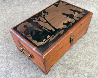 Vintage Cedar Box Silhouette Lid Folk Art Brass Hardware Keepsake Box