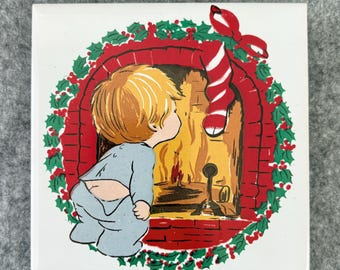 Jasco 1981 Christmas Ceramic Tile Set of 2, Child at Fireplace, Vintage Holiday Decor