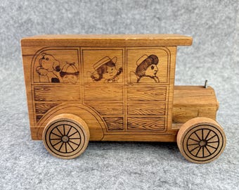 Toystalgia 1976 Wooden Station Wagon Coin Bank, Wood Burned, Vintage USA Toy