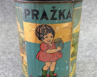 Vintage Prazka Zitna Kava Czech Rye Coffee Tin with Lid, Pre-War Advertising Tin