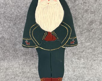 Signed Folk Art Wood Santa, Hand Painted, Dark Green, Joiner, Vintage Holiday Decor