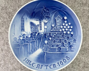 Bing and Grondahl 1968 Juleaften with Box, Christmas in Church, Danish Blue Porcelain