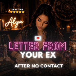 Könnte beinhalten: Eine digitale Grafik mit dem Text Alya, Same Hour und fünf gelben Sternen, gefolgt von einem weißen Umschlag-Symbol mit einem roten Herz. Darunter steht der Text LETTER FROM YOUR EX AFTER NO CONTACT in rosa und weißer Neon-Schrift.