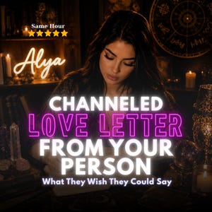 May include: An image with the text "CHANNELED LOVE LETTER FROM YOUR PERSON" in a neon pink font. The text "What They Wish They Could Say" is below. The name "Alya" is in a neon yellow font. The image has a dark, mystical theme.