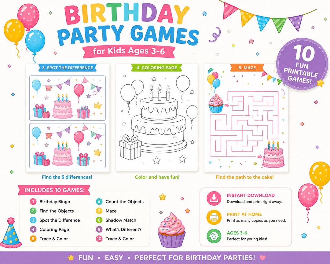 Birthday Party Games Printable for Kids Ages 3–6 | 10 Fun Activity