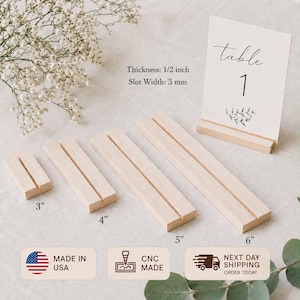 May include: Four rectangular light-colored wooden card holders with a central slot, labeled 3 inches, 4 inches, 5 inches, and 6 inches. A white table number card labeled Table 1 sits in a holder. Text indicates a 1/2 inch thickness and 3 mm slot width.