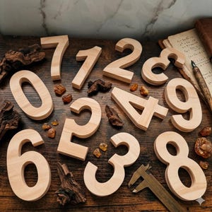 May include: Wooden numbers 0 through 9 in a light brown color are arranged on a dark wooden surface. The numbers are accompanied by small pieces of wood, amber-colored stones, a vintage notebook, and a caliper.