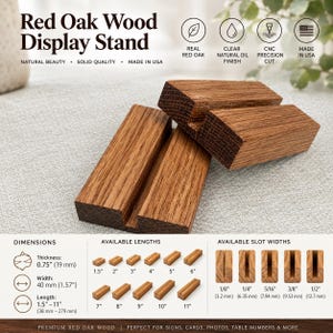 May include: Red oak wood display stands with a clear natural oil finish and CNC precision cut slots. The text reads Red Oak Wood Display Stand, Made in USA, and lists dimensions including a 0.75 inch thickness and lengths from 1.5 to 11 inches.