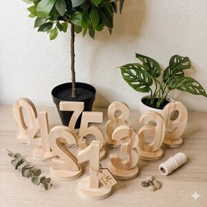 May include: A collection of freestanding light-colored wooden numbers from one to nine, each mounted on a circular base. The number one features a small wooden tag tied with twine that is engraved with the letter M and the text EST 2020.