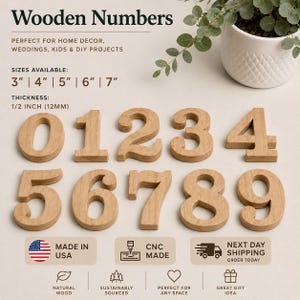 May include: A set of ten light brown wooden numbers from zero to nine, each with a smooth finish. The text on the image displays Wooden Numbers, sizes available 3, 4, 5, 6, 7 inches, and a thickness of 1/2 inch. The numbers are arranged in two rows.