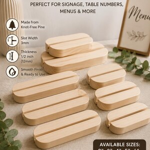 Wooden Table Number Holder, Wooden Sign Stand, Wedding Place Card Holder, 3mm Slot, 1/2” Thick, Natural Wood, Multiple Sizes