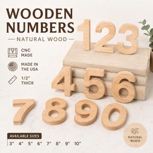 May include: A set of ten freestanding wooden numbers from zero to nine, crafted from natural light-toned wood. Each number is 1/2 inch thick and CNC machined. The text on the image includes WOODEN NUMBERS, NATURAL WOOD, CNC MADE, MADE IN THE USA, 1/2 INCH THICK, and AVAILABLE SIZES 3, 4, 5, 6, 7, 8, 9, 10 INCHES.