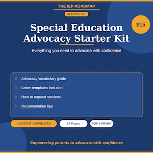 Puede incluir: Gráfico azul y dorado para un kit de inicio de defensa de la educación especial. El texto incluye "Guía de vocabulario de defensa", "Plantillas de cartas incluidas" y "Cómo solicitar servicios". El kit es una descarga instantánea, 19 páginas en formato PDF.
