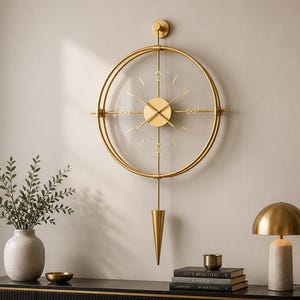 Large Gold Wall Clock, Modern Metal Pendulum Clock for Living Room