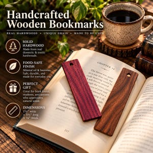 May include: Two rectangular wooden bookmarks resting on an open book. One bookmark is deep red with a visible grain, and the other is dark brown with a prominent wood grain. Each features a small circular hole at the top. Text reads Handcrafted Wooden Bookmarks.
