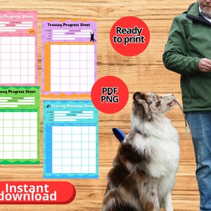 Può includere: Quattro fogli colorati per il monitoraggio dei progressi dell'addestramento del cane con la scritta "Training Progress Sheet". Ogni foglio ha un bordo di colore diverso e una griglia per tenere traccia dei progressi. Sono visibili anche le parole "Ready to print", "PDF PNG" e "Instant download".