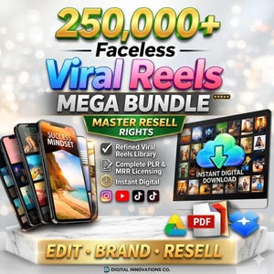 Peut inclure: Publicité pour un ensemble de produits numériques. L'image présente le texte "250 000+ Faceless Viral Reels MEGA BUNDLE" avec un smartphone et un écran d'ordinateur. L'ensemble comprend des droits de revente principaux, une bibliothèque de bobines raffinée et des téléchargements numériques instantanés.