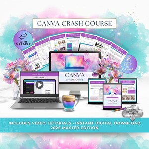 Peut inclure: Présentation d'un produit numérique avec un ordinateur portable, un moniteur de bureau et des tablettes présentant un "Canva Crash Course". L'image comprend des documents, une tasse de café et des fleurs. Le texte comprend "Includes Video Tutorials" et "2025 Master Edition."