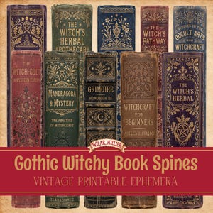 May include: A collection of ten vertical book spines featuring ornate gold foil detailing on various colored backgrounds. Titles include The Witch-Cult, The Witch's Herbal Apothecary, Grimoire Honorius III, Witchcraft for Beginners, and Studies in the Occult Arts.