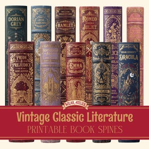 Op de afbeelding: Een collectie van twaalf verticale boekruggen met klassieke literatuur titels zoals Dorian Grey, Hamlet, Romeo en Julia, Trots en Vooroordeel, Emma, Frankenstein en Dracula, voorzien van gouden details op kleurrijke covers.