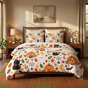 Può includere: Un set di biancheria da letto composto da un copripiumino bianco e due federe abbinate, decorato con un motivo ripetuto di zucche arancioni, gatti neri, fantasmi bianchi, lune crescenti gialle, ragnatele e foglie autunnali colorate.