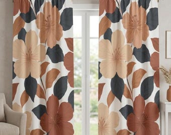 Floral Blackout Curtain, Earth Tone Curtain Panel, Boho Window Curtain, Terracotta Floral Drapes, Botanical Curtain