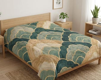 Edredón de algodón con estampado de olas costeras, ropa de cama inspirada en el océano, edredón Oeko-Tex, colcha bohemia color turquesa, decoración de dormitorio con acuarelas.