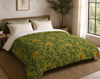 Botanical Comforter, Olive Green Floral Bedding, Lily Print Cotton Comforter, Cottagecore Bedspread, Nature Inspired Quilt
